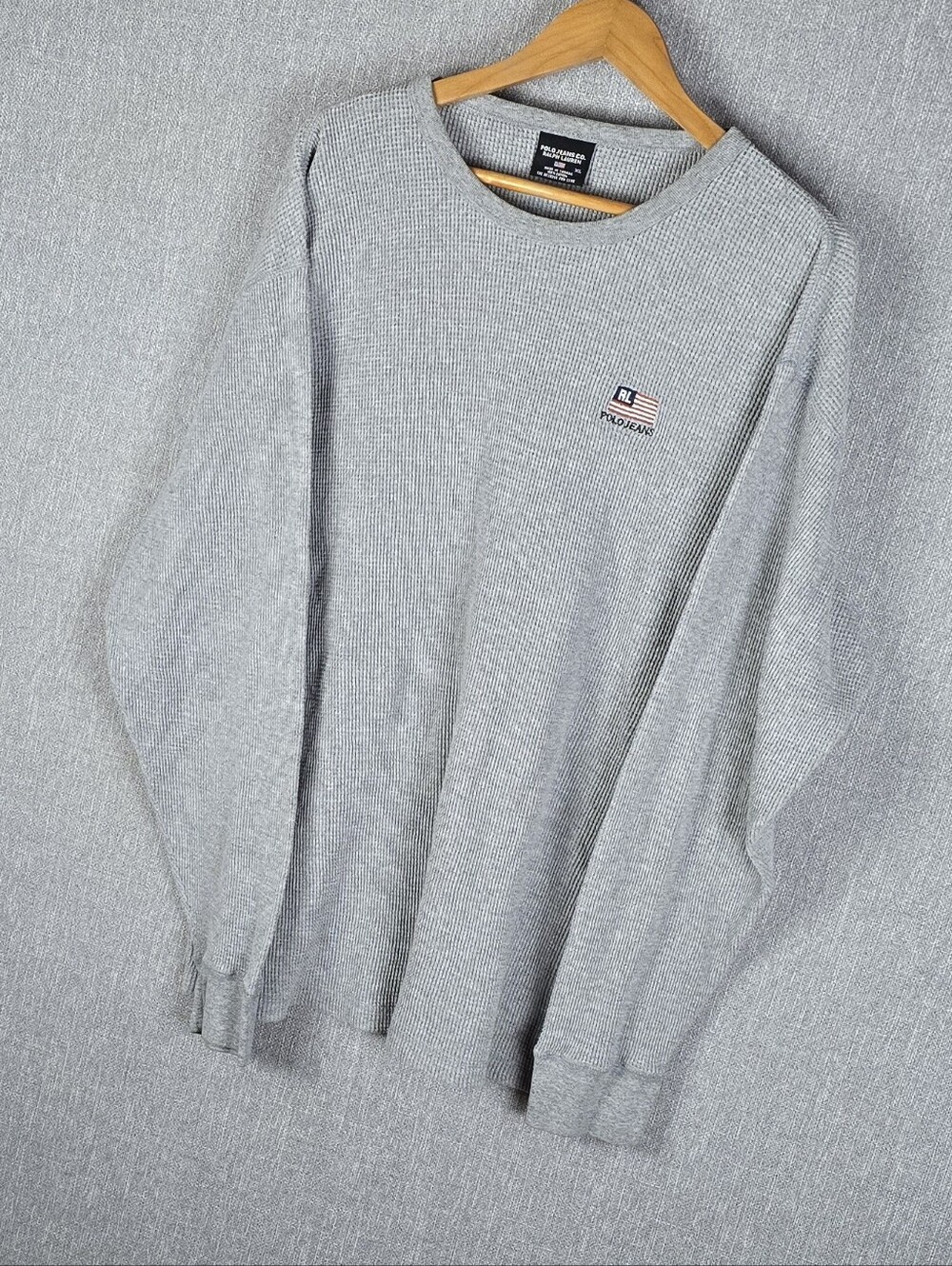 Vtg Polo Jeans Co Ralph Lauren Waffle Knit Thermal Crewneck Mens Sz XL Gray